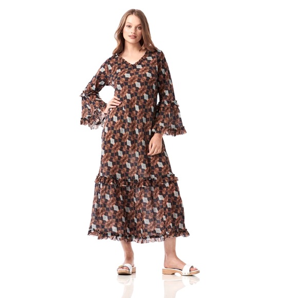 ONE SEASON AUSTRALIA TANZANIA LONG SLEEVE MAXI DRESS GREAT COND SIZE LARGE - Picture 1 of 9